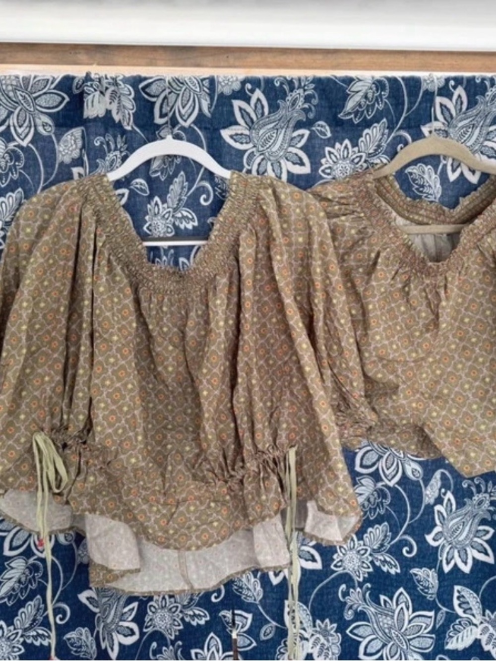Free People NWT Smocked-Neck Floral Peasant Blouse in Olive Brown